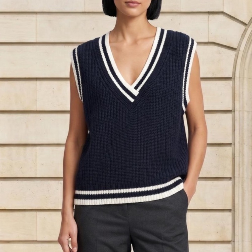 HM Divided Womens XL Navy Blue White Varsity Stripe V-Neck Knit Sweater Vest NEW
